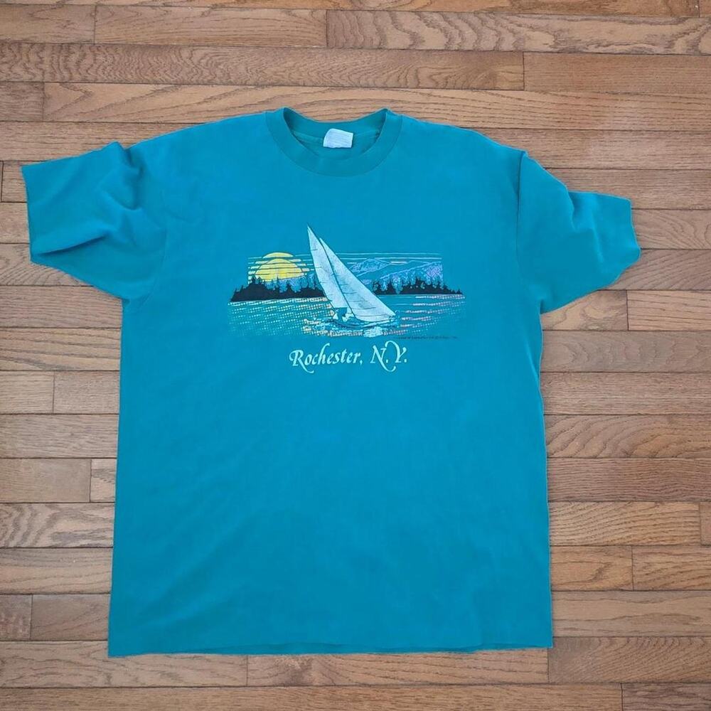 Rochester NY vintage 90s blue t-shirt sailboat 'Rochester, N.Y.' single stitch